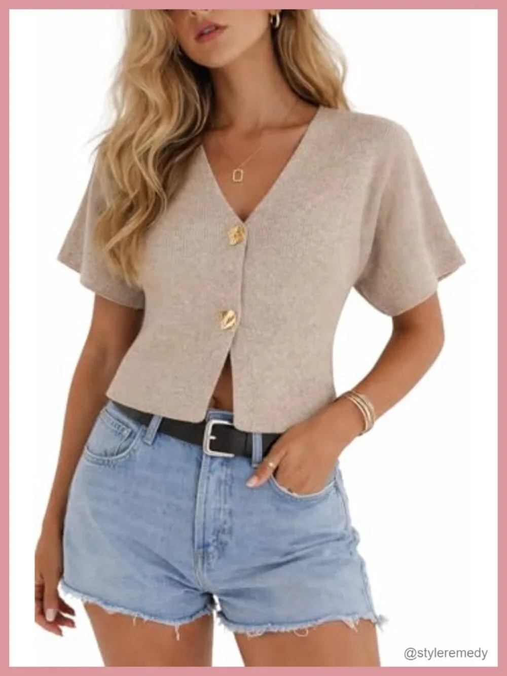 Cropped Knit Cardigan Top Short Sleeve V-Neck Button Front Lightweight Spring